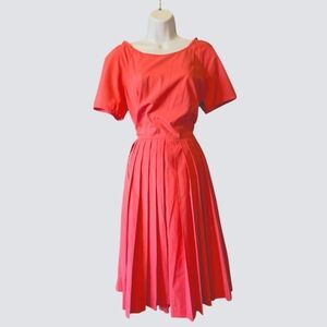 Vintage Elegant Orange Peach Dress Pleats Fit & Flare With Pockets Sz. L